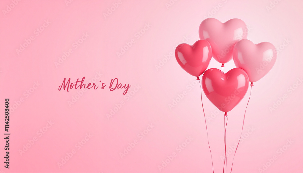 Pink heart balloons with Mother’s Day text on pink background. Pink heart balloons with Mother’s Day text on pink background.