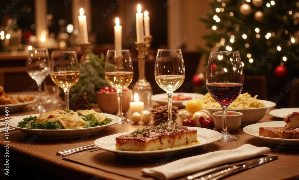 Festive dinner table with delicious meals Festive dinner table with delicious meals