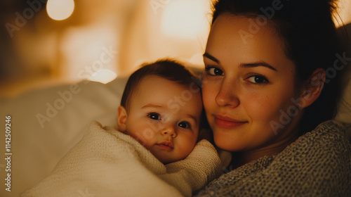 Cuddling mother and baby in soft blanket, sharing warm moment gether