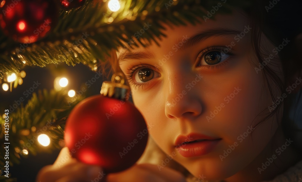 Young girl admiring Christmas ornament Young girl admiring Christmas ornament
