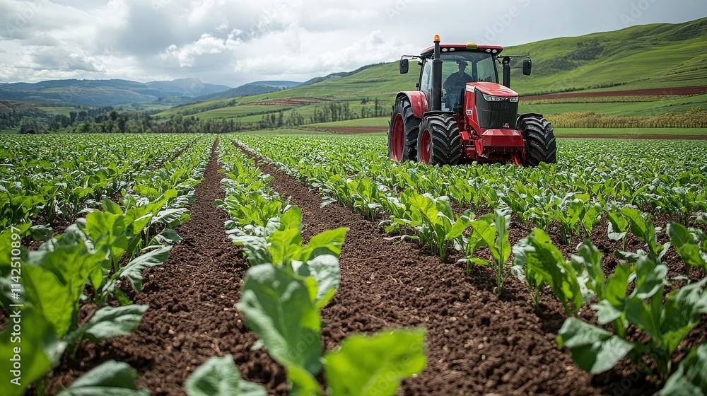 Red Tractor Working in Lush Green Vegetable Field Under Dramatic Sky with Rolling Hills in Background, Showcasing Agricultural Productivity and Rural Life Red Tractor Working in Lush Green Vegetable Field Under Dramatic Sky with Rolling Hills in Background, Showcasing Agricultural Productivity and Rural Life