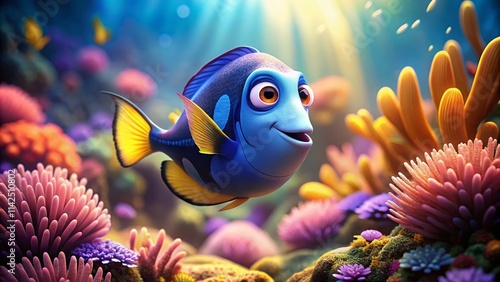 Cute Dory Fish Cartoon, High Depth of Field, Underwater Scene, Adorable Fish Illustration,  Ocean Life,  Animated Fish, Cartoon Fish Image,  Undersea World,  Digital Art,  HD Image