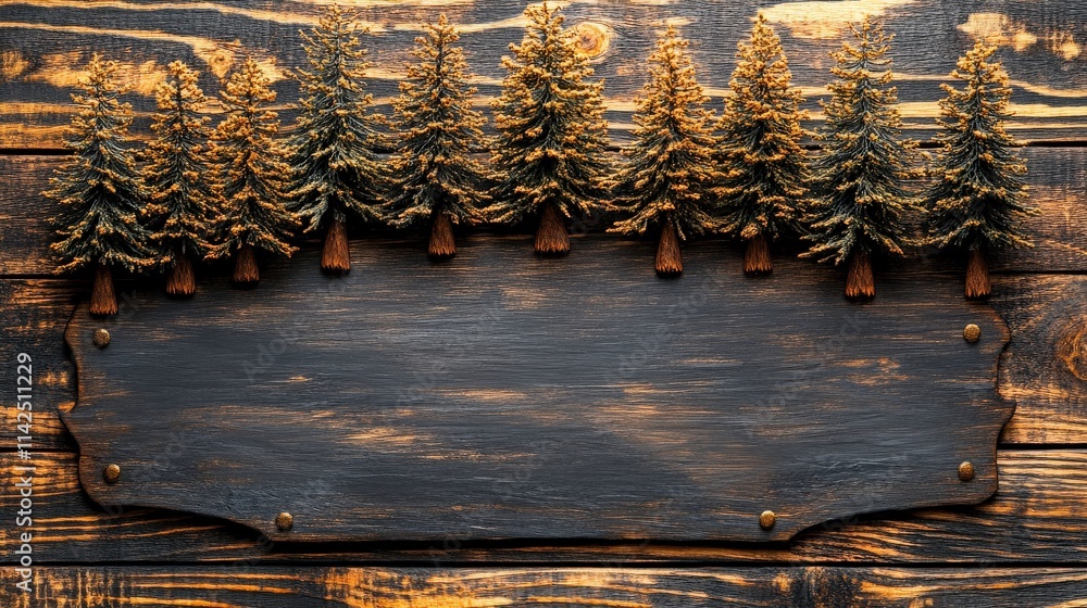 Naklejka premium Rustic wooden sign with carved trees on top, showcasing a textured background, perfect for nature-themed designs or advertising outdoor adventures and camping activities.
