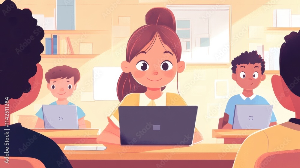 Happy Children Engaged in Learning at Classroom with Laptops Happy Children Engaged in Learning at Classroom with Laptops