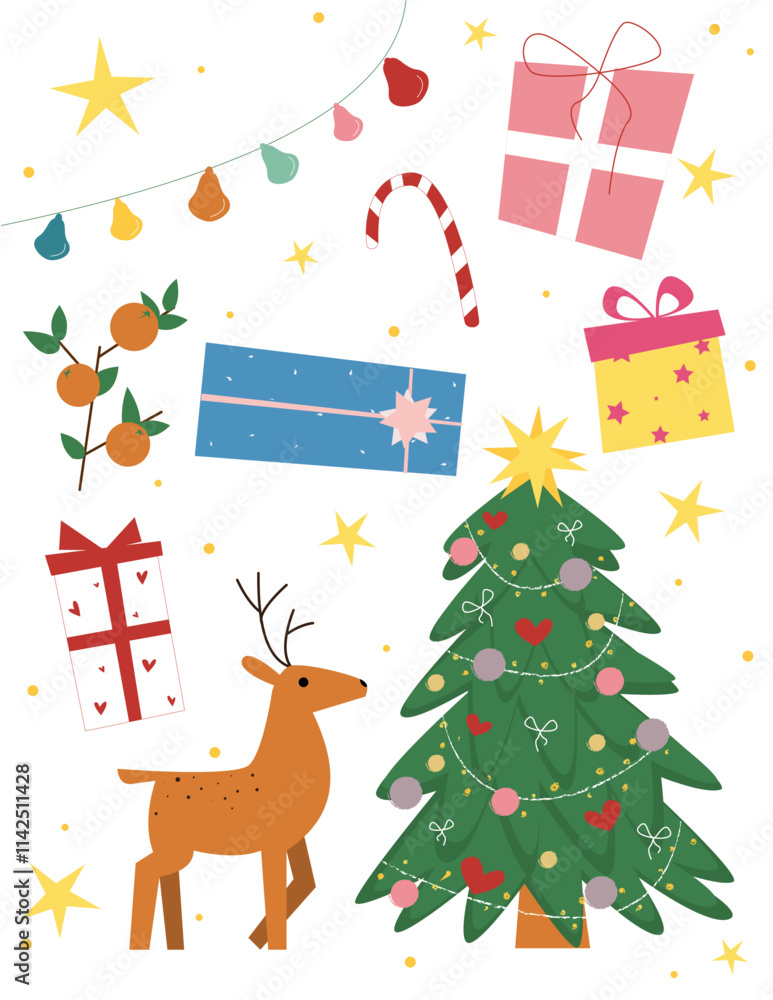 Fototapeta premium Christmas New Year cute pack in cartoon style. Seasonal holiday vector illustrations.