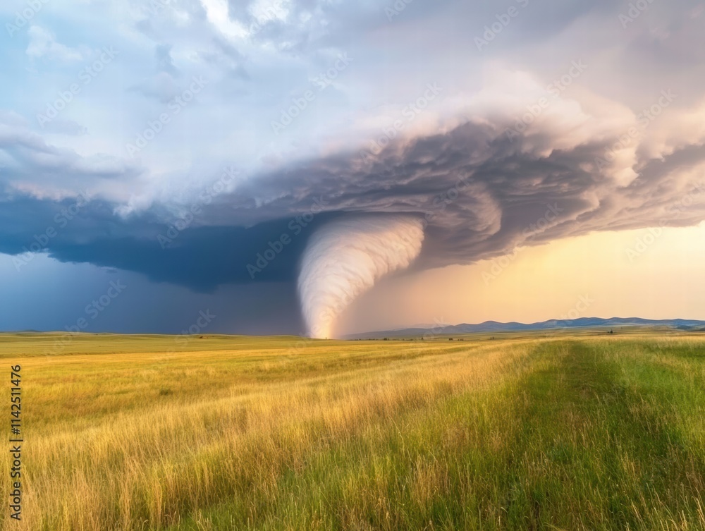 Massive tornado touching down open field high fidelity image dramatic weather low angle view nature's fury Massive tornado touching down open field high fidelity image dramatic weather low angle view nature's fury