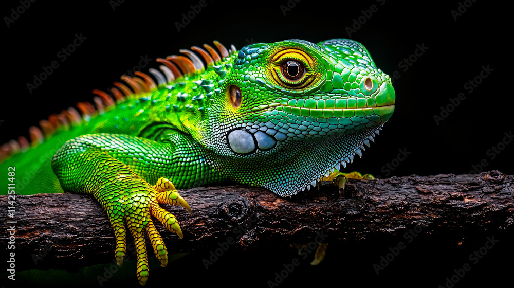 Fototapeta premium Hyper detailed green lizard with vibrant scales resting on branch