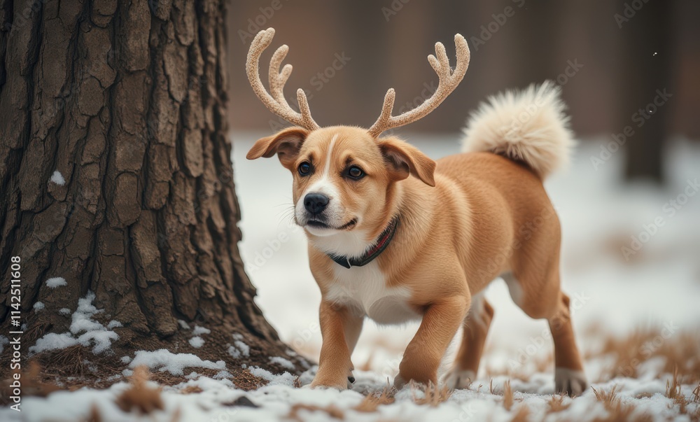 Adorable dog with antlers in winter Adorable dog with antlers in winter