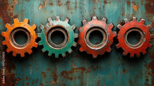 vibrant arrangement of interlocking gears in orange, green, and rust colors, showcasing industrial design and texture. gears are set against weathered blue background, creating striking visual photo