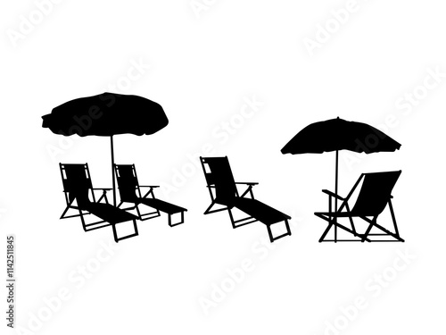 Beach chair silhouette. Summer beach chair with umbrella silhouette. Wooden chair isolated on a white background.