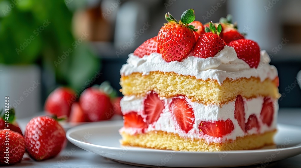 Fresh Strawberry Cake with Cream and Natural Decorations Fresh Strawberry Cake with Cream and Natural Decorations