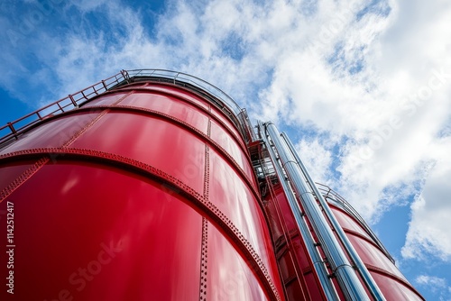 An Inspiring View of Red Storage Tanks Soaring Into a Bright Blue Sky with Fluffy Clouds, Highlighting Industrial Architecture and Engineering Excellence photo