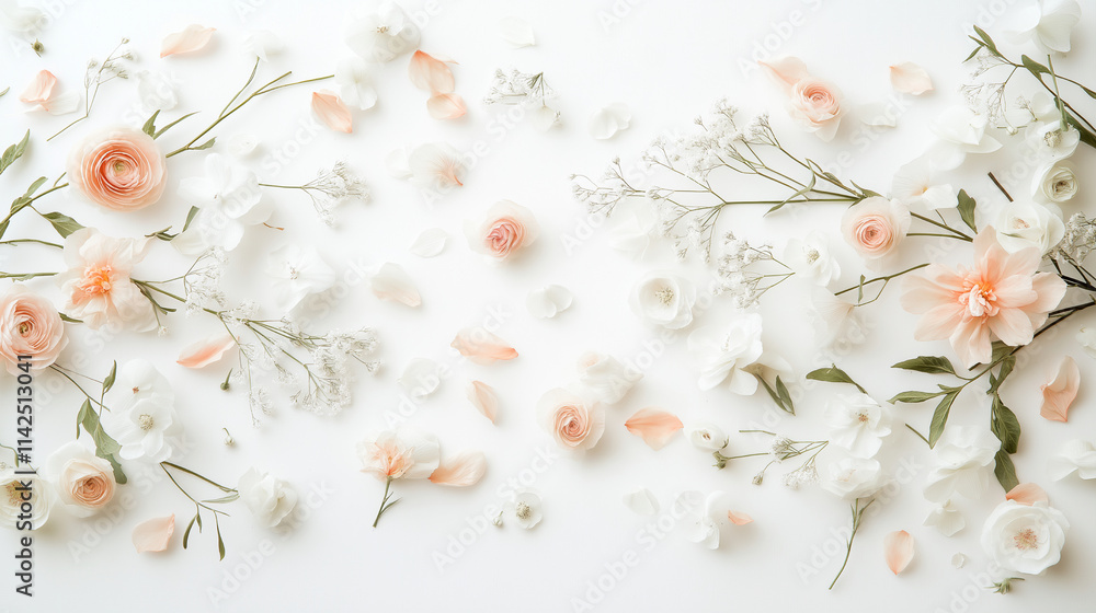 Fototapeta premium Soft pattern with pressed flowers, their petals painted in delicate, the blooms flowers scatter gently across the white background