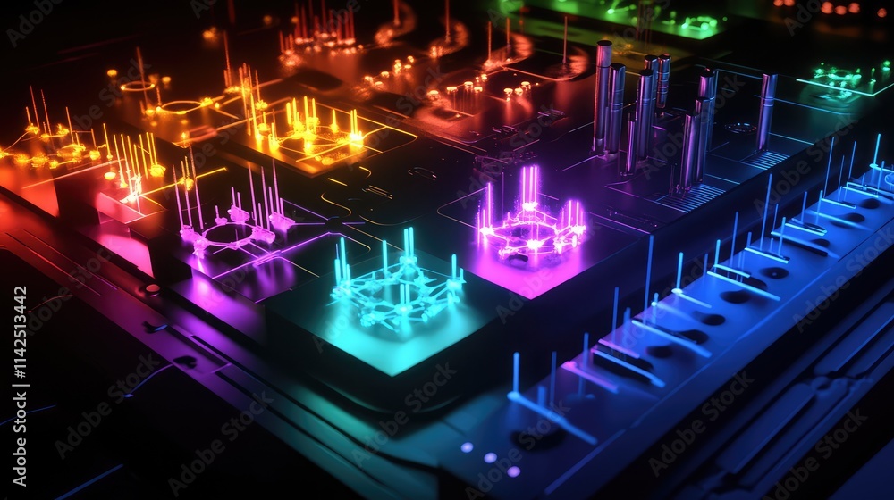 A digital visualization of quantum microchip architecture, highlighting qubits, energy pathways, and dynamic interactions in glowing colors A digital visualization of quantum microchip architecture, highlighting qubits, energy pathways, and dynamic interactions in glowing colors