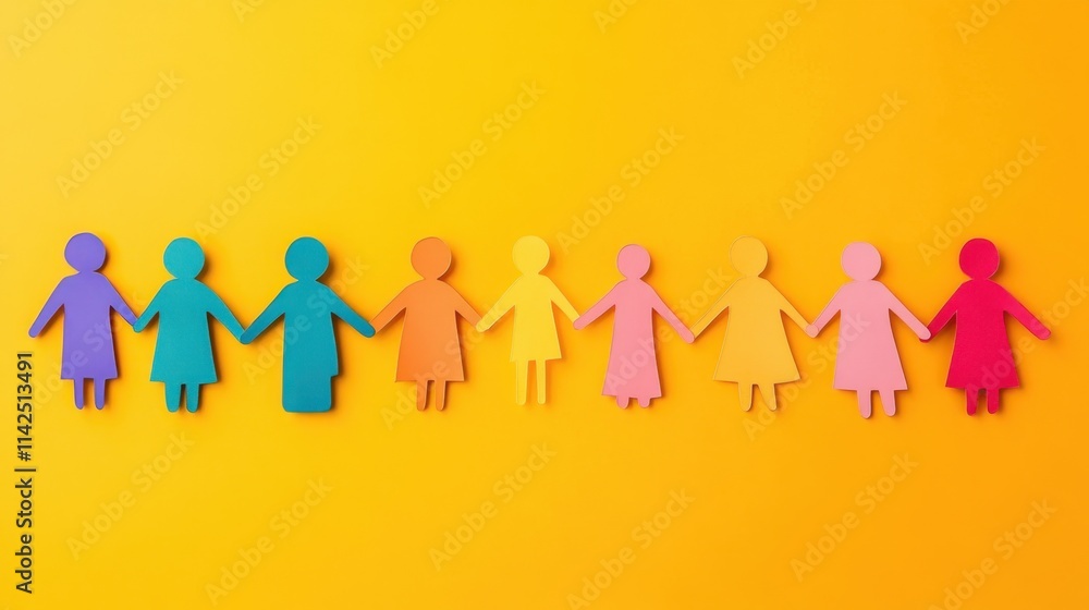 Colorful Paper Cutouts of Diverse Women Holding Hands on Yellow Background Colorful Paper Cutouts of Diverse Women Holding Hands on Yellow Background