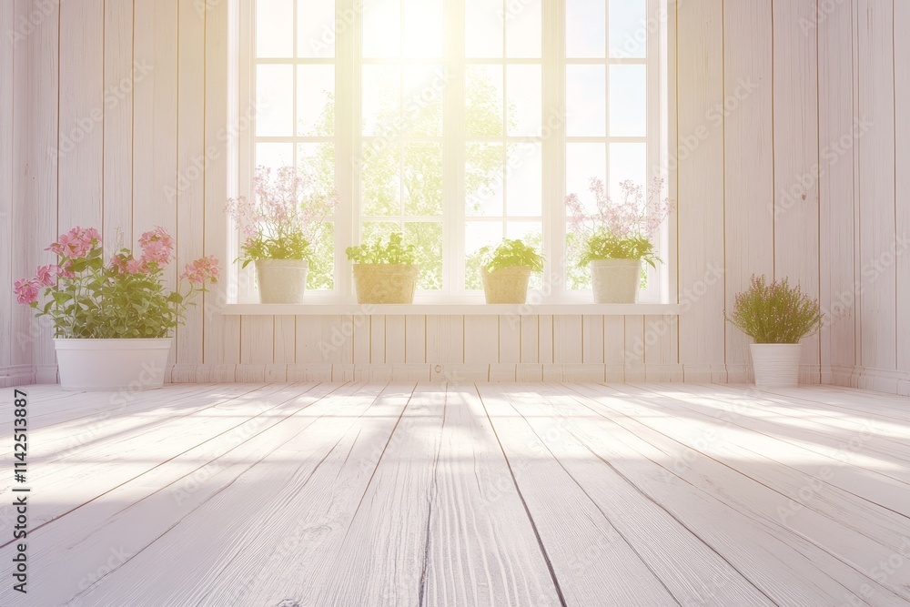 Bright and Airy Indoor Space with Wooden Floor and Natural Light Filtering Through Large Windows Surrounded by Potted Plants and Flowers Bright and Airy Indoor Space with Wooden Floor and Natural Light Filtering Through Large Windows Surrounded by Potted Plants and Flowers