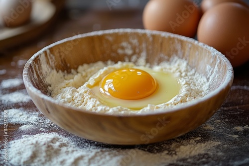 Preparing dough with fresh egg yolk and flour in wooden bowl, creating base for delicious homemade pasta or pastry