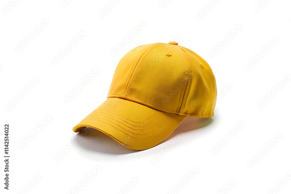 Fototapeta premium Bright Yellow Baseball Cap with Curved Brim on White Background