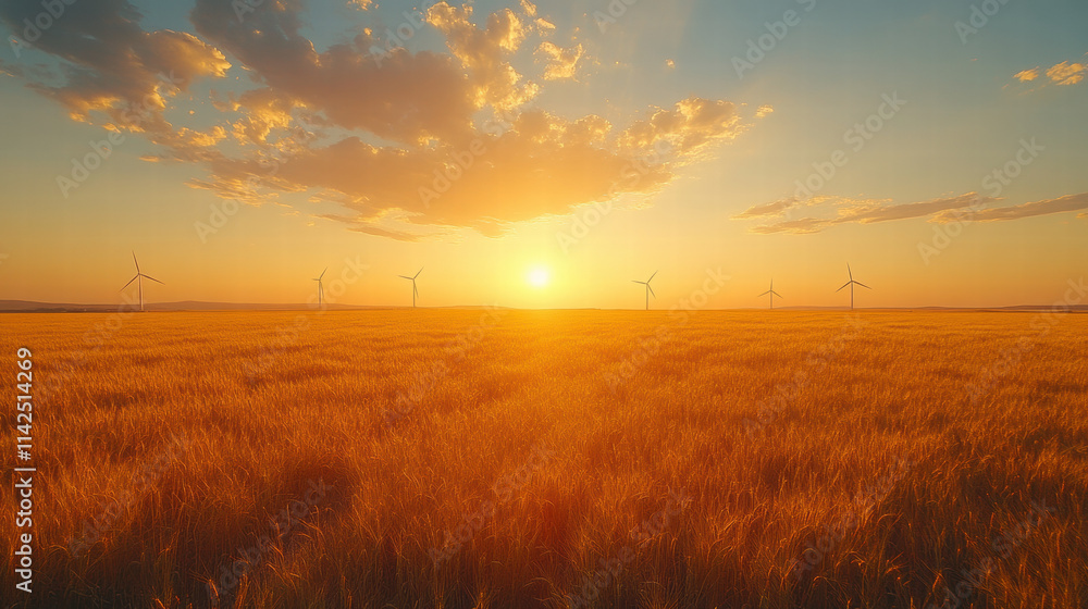 Golden wheat field with wind turbines at sunset Golden wheat field with wind turbines at sunset
