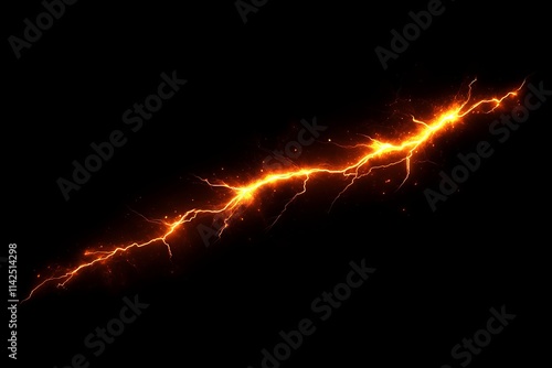 Bright and Intense Lightning Bolt Across a Dark Background, Illuminating the Sky with Dynamic Orange and Yellow Electric Glow, Perfect for Creative Projects and Designs