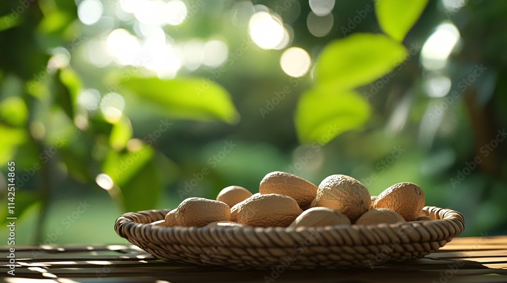 Wicker basket brimming with freshly harvested nuts on bamboo table in lush garden setting Wicker basket brimming with freshly harvested nuts on bamboo table in lush garden setting
