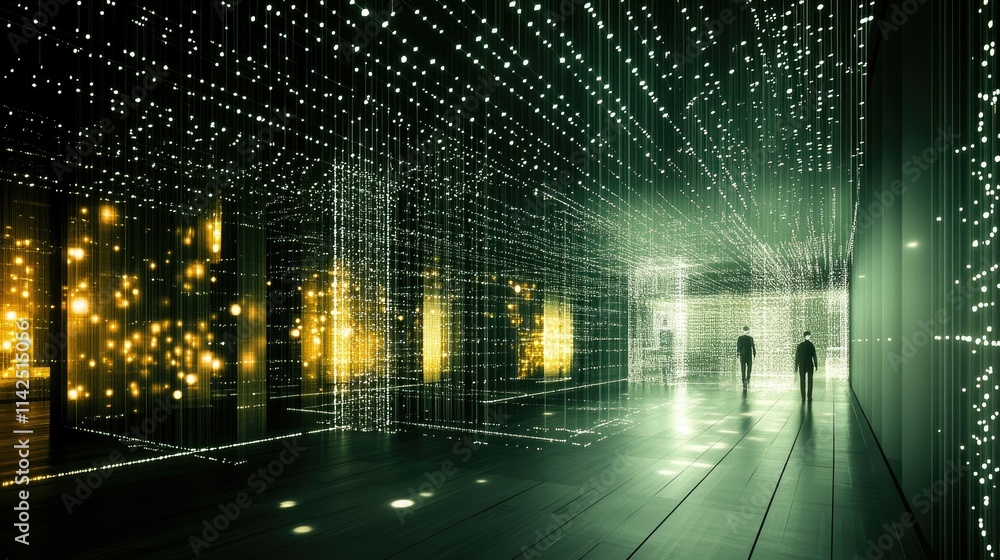 Immersive Light Installation: Two figures navigate a futuristic corridor bathed in a mesmerizing display of green and gold lights, evoking a sense of wonder and technological advancement. Immersive Light Installation: Two figures navigate a futuristic corridor bathed in a mesmerizing display of green and gold lights, evoking a sense of wonder and technological advancement.