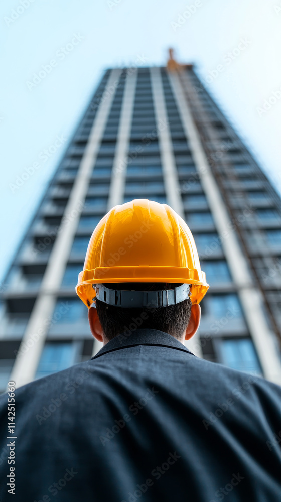 worker in hard hat looks up at tall building under construction worker in hard hat looks up at tall building under construction