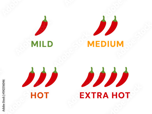 Red hot chili pepper levels. Mild, medium, hot, extra hot peper icons, illustrations. Pepper chart.