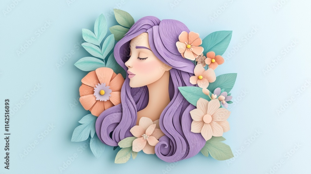 Elegant paper art of woman with purple hair surrounded by blooms Elegant paper art of woman with purple hair surrounded by blooms