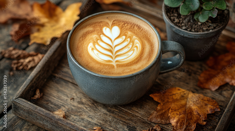 top view of hot coffee latte in gray cup, featuring beautiful latte art, surrounded by autumn leaves and small potted plant, creating cozy atmosphere top view of hot coffee latte in gray cup, featuring beautiful latte art, surrounded by autumn leaves and small potted plant, creating cozy atmosphere