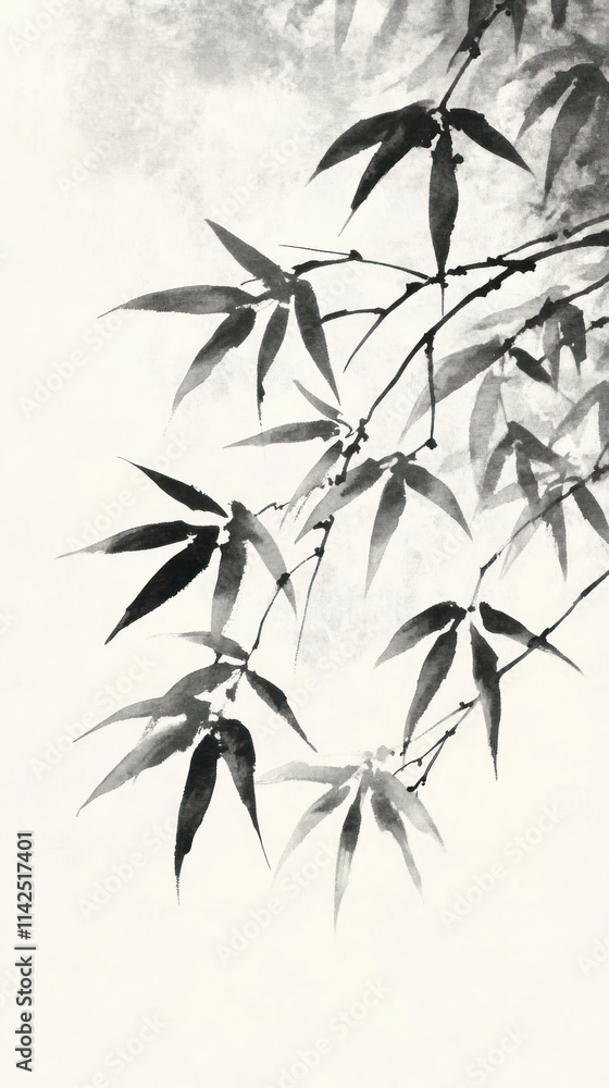 Fototapeta premium Chinese brush painting of black bamboo branches hanging down as wallpaper