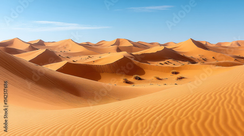 vast and arid desert landscape under clear blue sky, showcasing rolling sand dunes and textured patterns in sand. scene evokes sense of tranquility and isolation photo