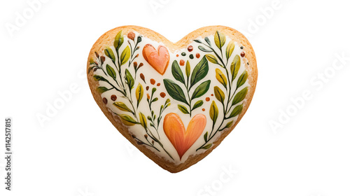 heart-shaped ginger cookies on a transparent background, flowers are drawn on the cookies 