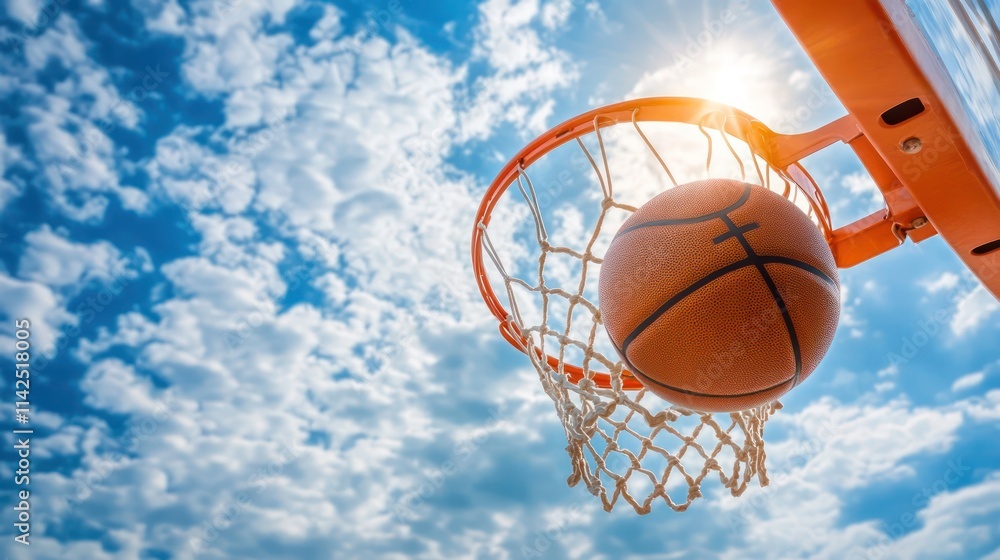 Basketball swishing through net against blue sky. (1) Basketball swishing through net against blue sky. (1)