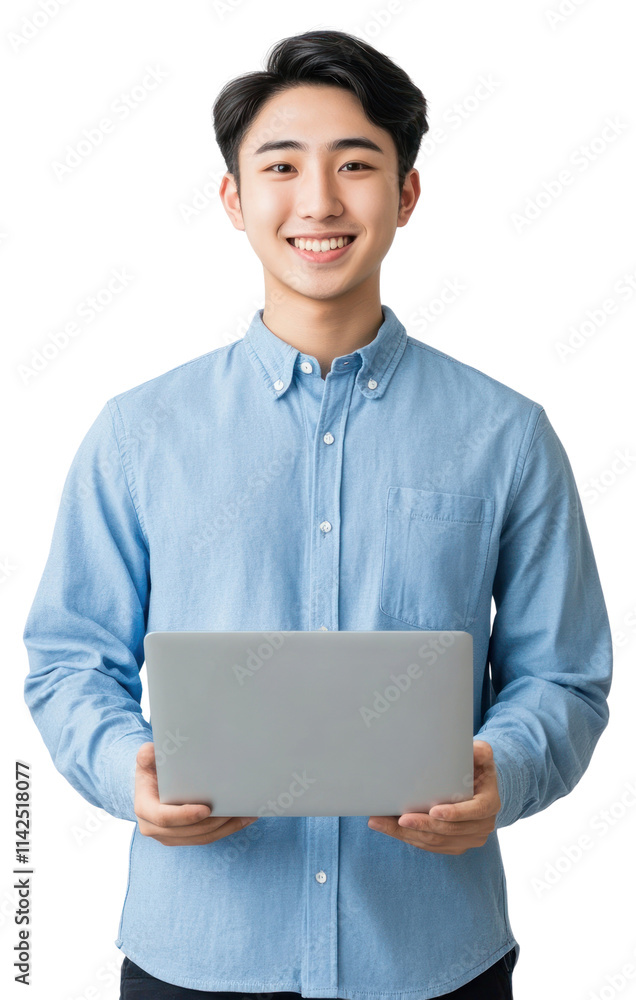 PNG An Asian woman wearing a blue shirt laptop smile portrait. PNG An Asian woman wearing a blue shirt laptop smile portrait.