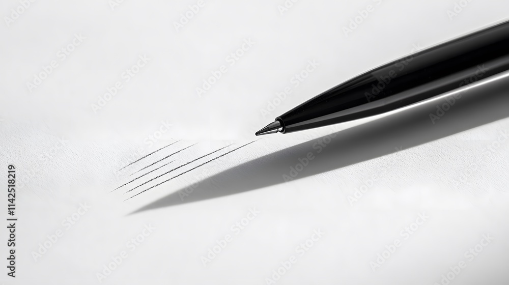 Close-Up of a Black Ballpoint Pen Creating Fine Lines on Smooth White Paper, Capturing the Art of Writing and Precision in Every Stroke for Creative Inspiration Close-Up of a Black Ballpoint Pen Creating Fine Lines on Smooth White Paper, Capturing the Art of Writing and Precision in Every Stroke for Creative Inspiration