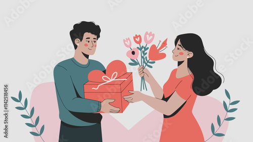 A couple exchanging gifts on Valentine's Day, with one person holding a red heart-shaped box and the other offering flowers.