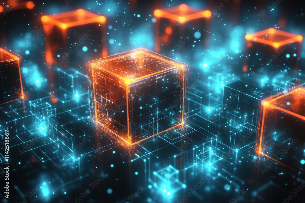 Blockchain technology and data storage are represented by glowing cubes in a network Blockchain technology and data storage are represented by glowing cubes in a network