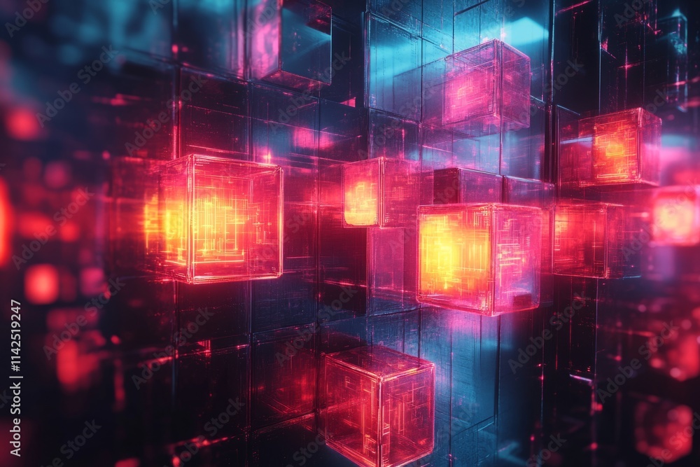Fototapeta premium Abstract glowing cubes forming a futuristic data storage structure in cyberspace