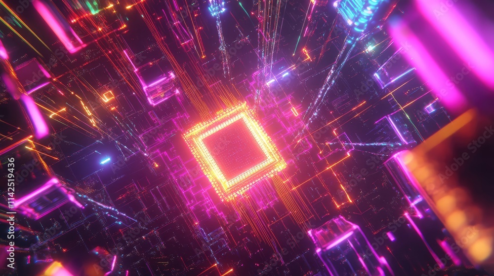 A dynamic depiction of a glowing microchip with colorful light streams connecting it to surrounding circuitry A dynamic depiction of a glowing microchip with colorful light streams connecting it to surrounding circuitry