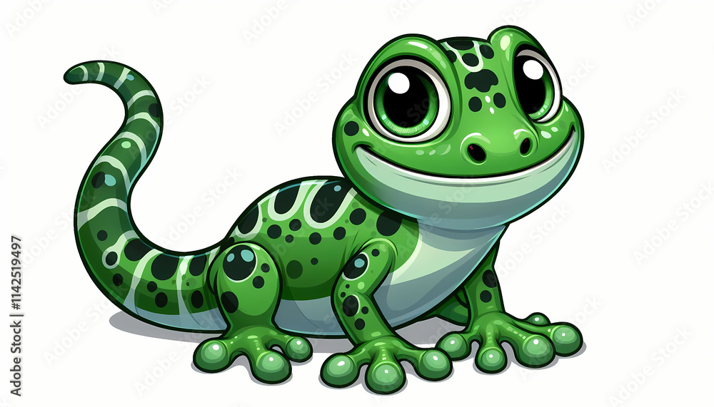 A cheerful green amphibious gecko with large eyes and playful spots, poised on a light background. A cheerful green amphibious gecko with large eyes and playful spots, poised on a light background.