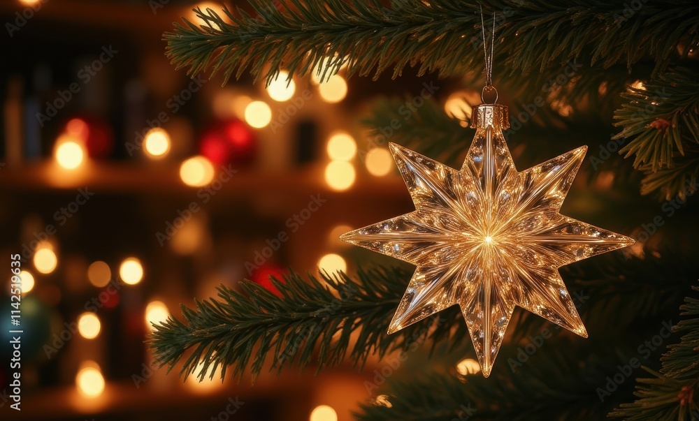 Sparkling star ornament on green tree Sparkling star ornament on green tree