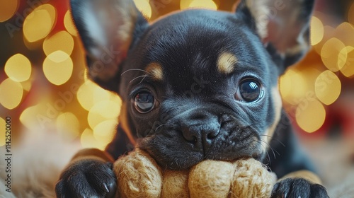 Adorable French Bulldog Puppy Enjoying Christmas Festivities photo