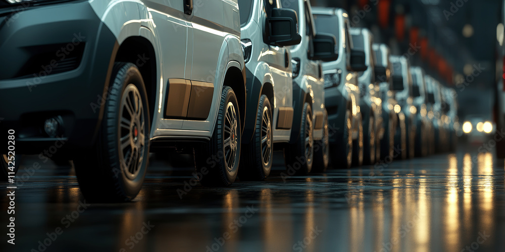 A striking lineup of modern vans reflects the shimmering surface beneath them. A striking lineup of modern vans reflects the shimmering surface beneath them.
