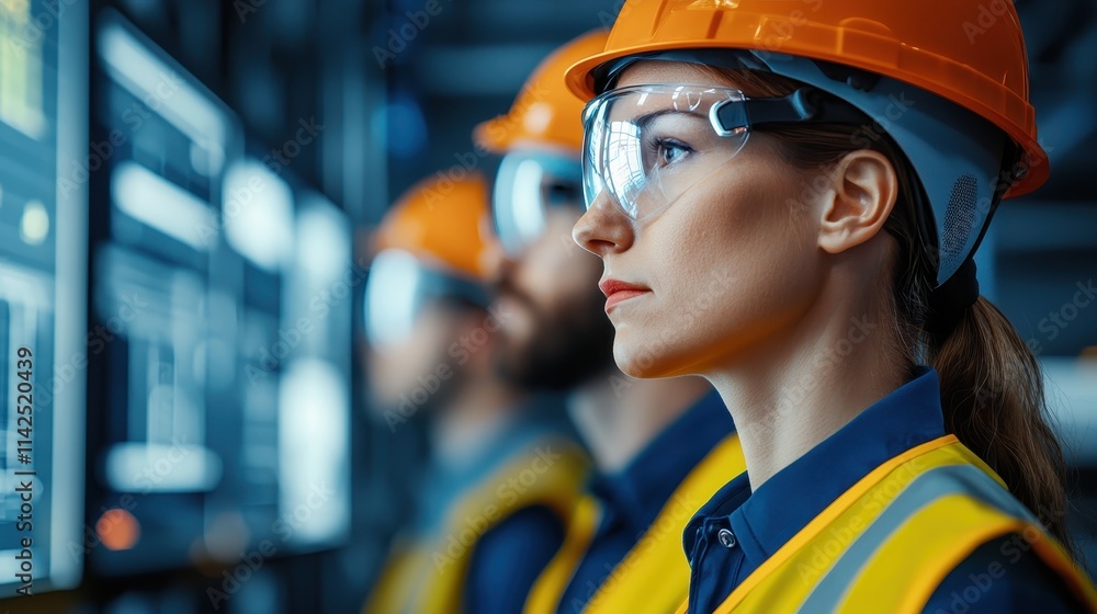 A focused worker in safety gear observes data monitors, highlighting professionalism in a technical environment. A focused worker in safety gear observes data monitors, highlighting professionalism in a technical environment.