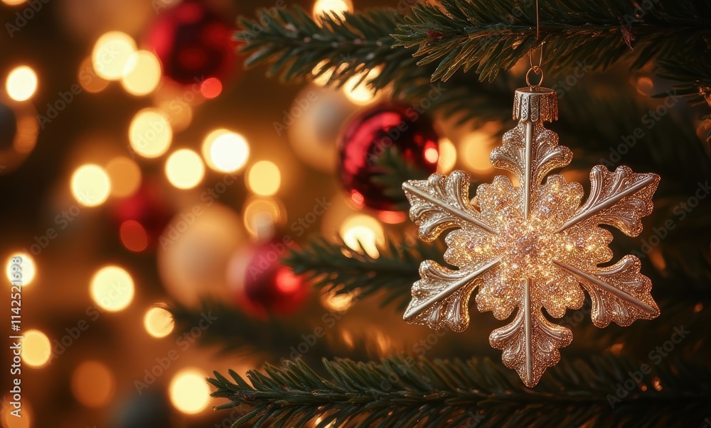 Sparkling snowflake ornament on a tree Sparkling snowflake ornament on a tree