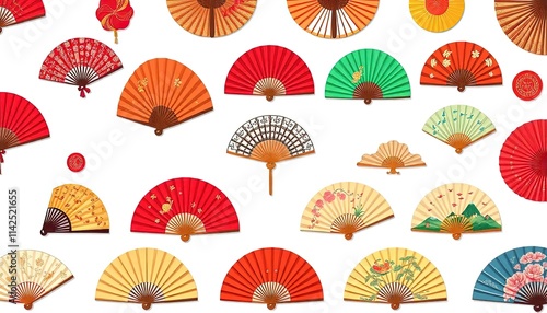 Chinese Fan Icon Set - Set Of Tuanshan With Art Flowers - Gongshan - Bian Mian - Reuni Fan - Traditional Hand Fan photo