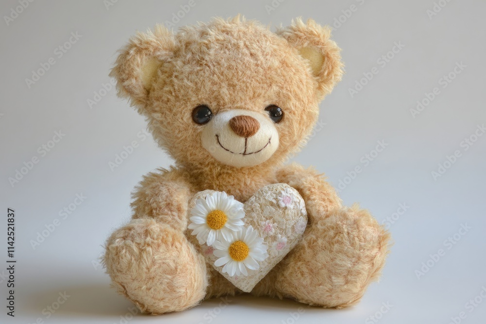 Fototapeta premium teddy bear with flowers and hearts in fluffy paws Teddy Bear with heart Valentines teddy bear