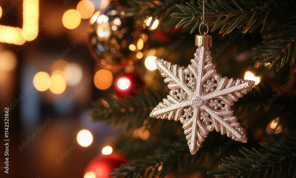 Golden snowflake ornament on Christmas tree Golden snowflake ornament on Christmas tree