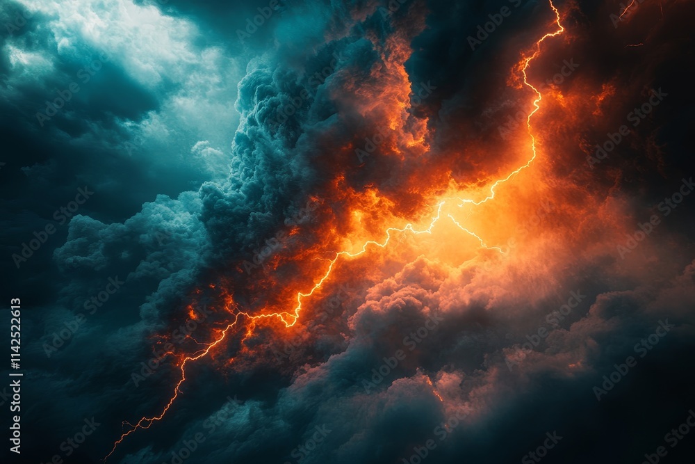 Dramatic Lightning Strike Illuminating Dark Storm Clouds with Fiery Orange Glow, Capturing the Power and Beauty of Natural Weather Phenomena in a Striking Composition Dramatic Lightning Strike Illuminating Dark Storm Clouds with Fiery Orange Glow, Capturing the Power and Beauty of Natural Weather Phenomena in a Striking Composition